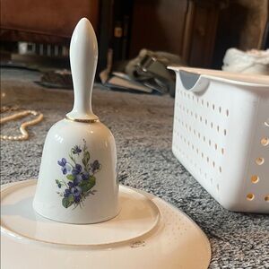 Floral Porcelain Bell with Gold Trim